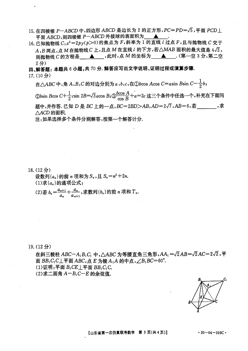山东省2020届高三第一次仿真联考数学试题 PDF版含答案第3页