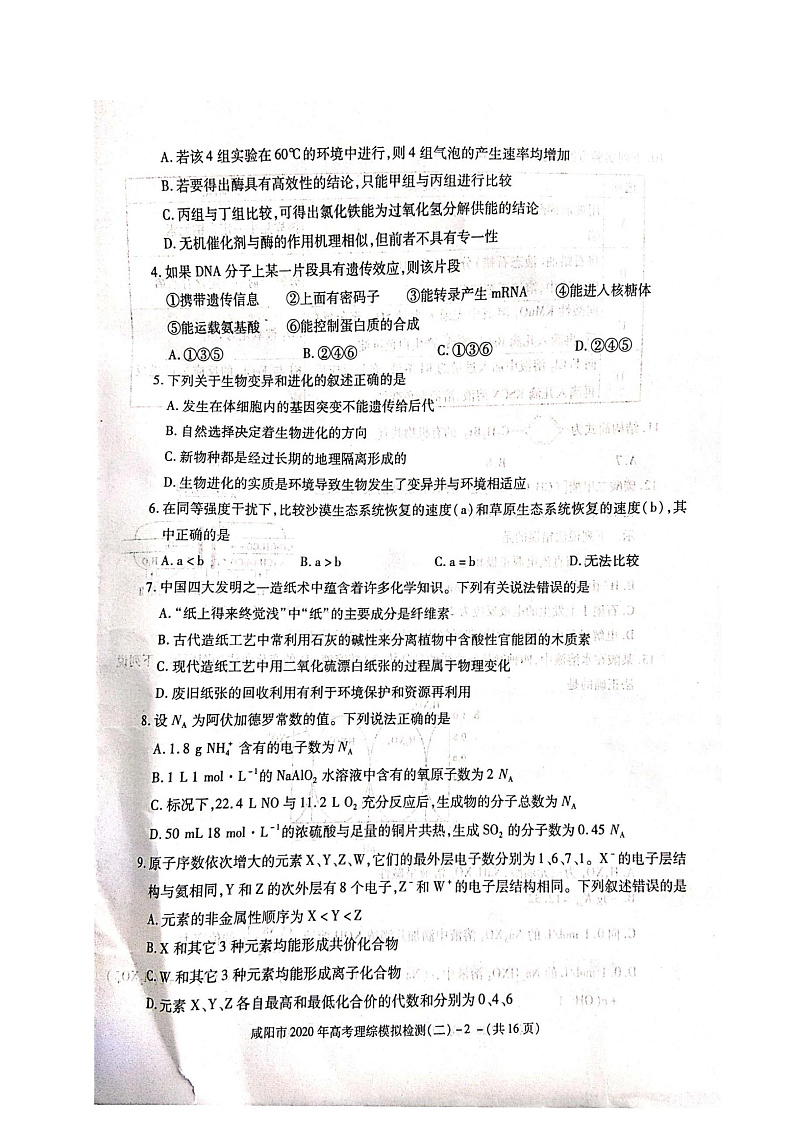 2020咸阳高三高考模拟检测检测（二）理科综合试题扫描版含答案02
