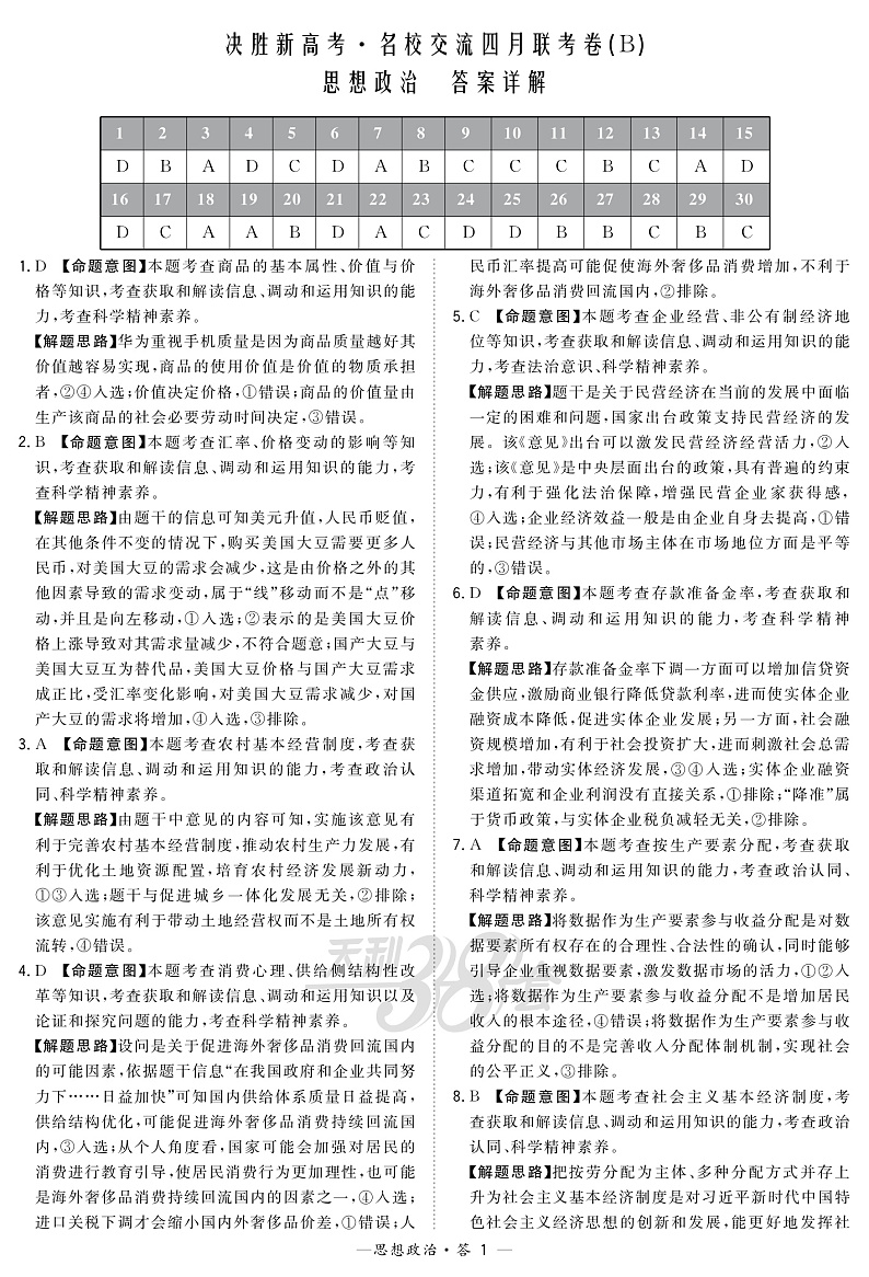 2020决胜新高考・名校交流高三下学期四月联考卷（B）政治试题PDF版含答案01