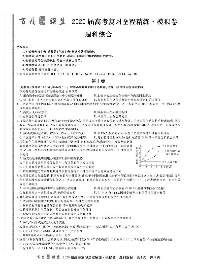 百校联盟2020届高考复习全程精练模拟卷（全国II卷）理科综合试题 PDF版含答案第1页