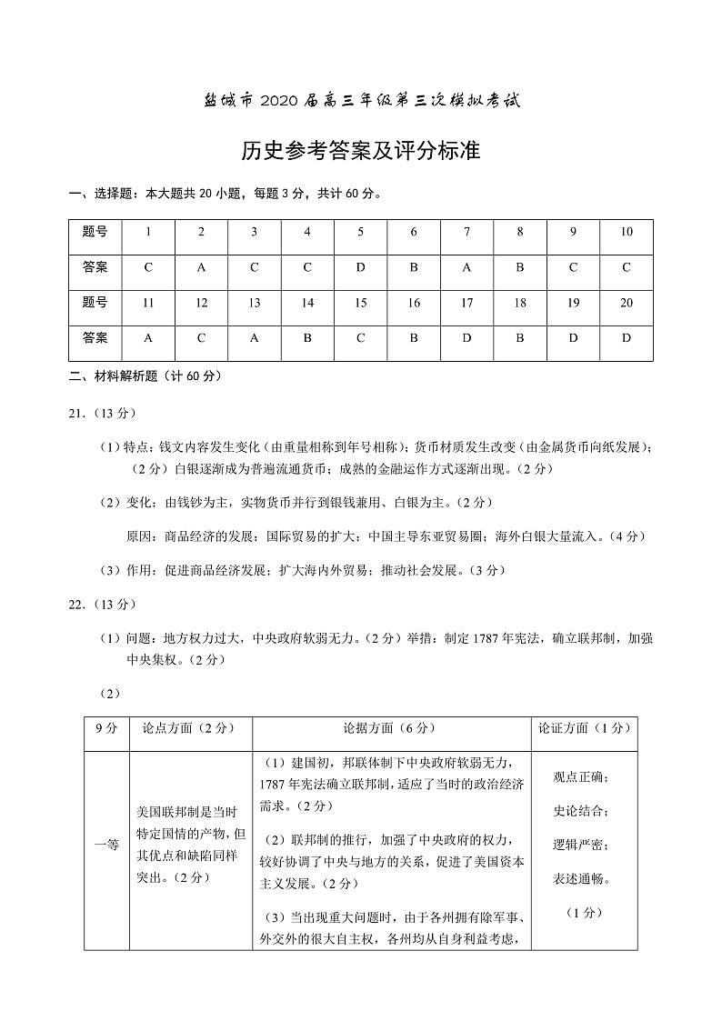 2020盐城高三第三次模拟考试历史试题含答案01