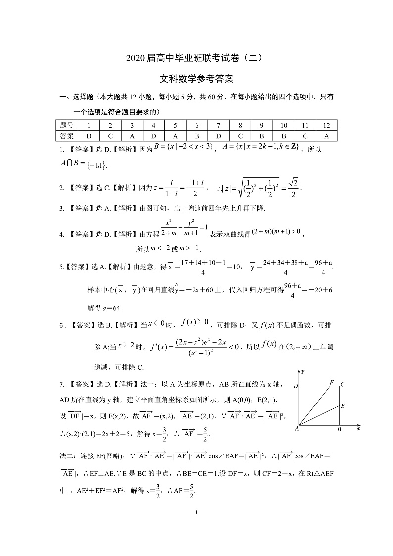 2020衡阳高三毕业班第二次联考（二模）文科数学试题PDF版含答案01