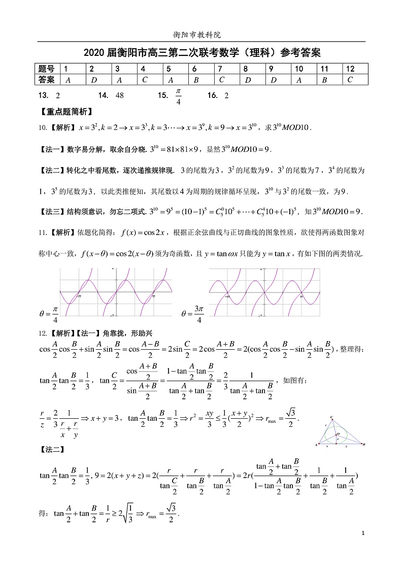 2020衡阳高三毕业班第二次联考（二模）理科数学试题PDF版含答案01