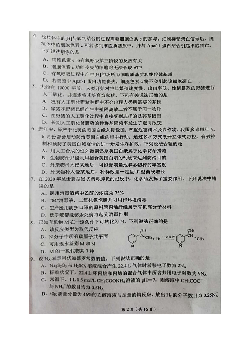 辽宁省葫芦岛市2020届高三下学期第一次模拟考试理科综合试题（图片版）第2页