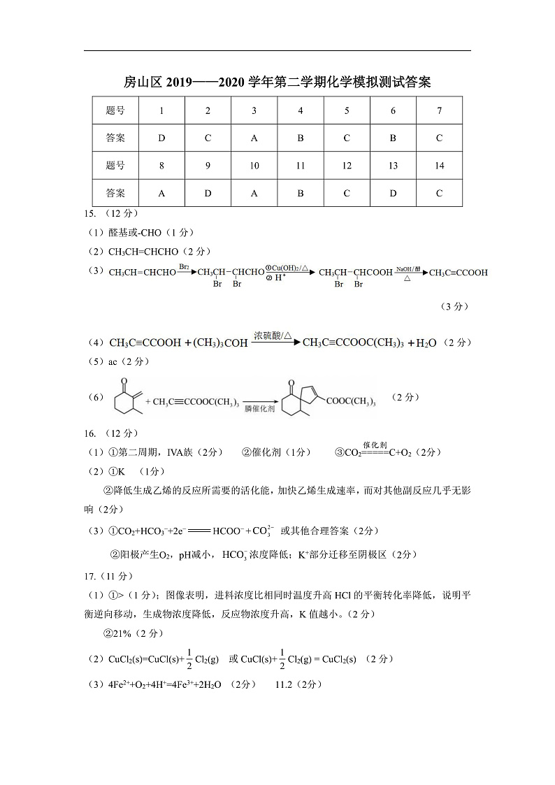 2020北京房山区高三第一次模拟考试化学试题含答案01