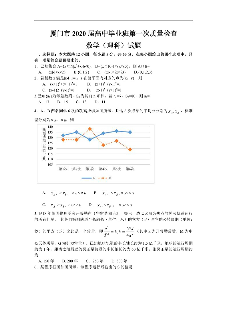 2020厦门高三毕业班第一次质量检查数学（理）试题含答案01