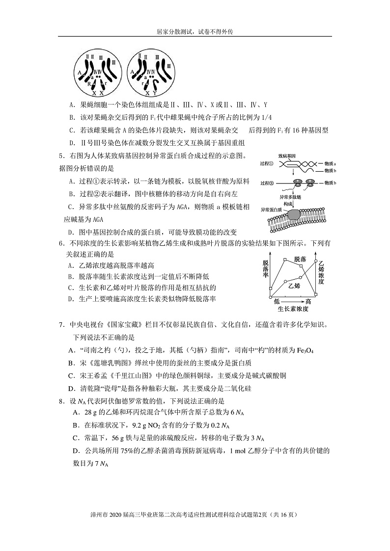 福建省漳州市2020届高三第二次高考适应性测试（居家分散测试）理科综合试题第2页