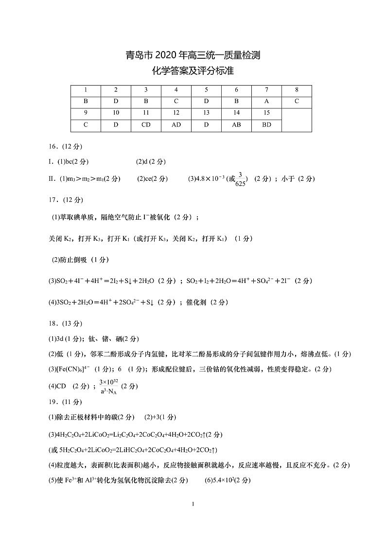 2020青岛高三4月统一质量检测（一模）化学试题含答案01