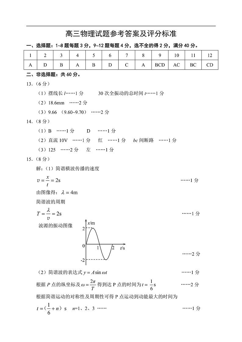 山东省威海市文登区2020届高三下学期一轮总复习物理试题答案第1页