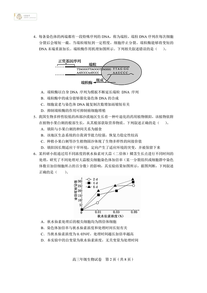 天津市和平区2020届高三下学期线上学习阶段性评估检测生物试题（PDF版）第2页
