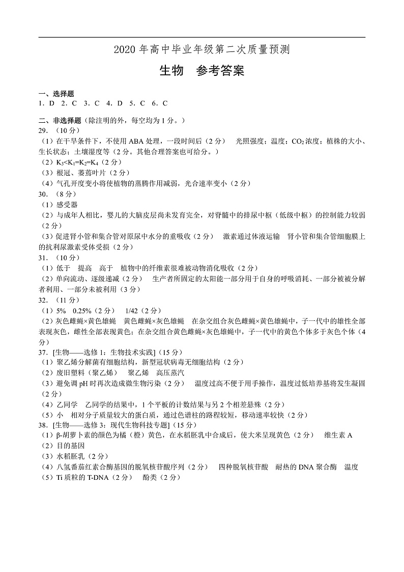 2020郑州高三高中毕业年级第二次质量预测理综试题PDF版含答案01