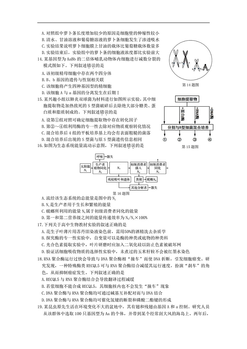 浙江省衢州、湖州、丽水三地市高三4月教学质量检测生物试题 Word版含答案第3页
