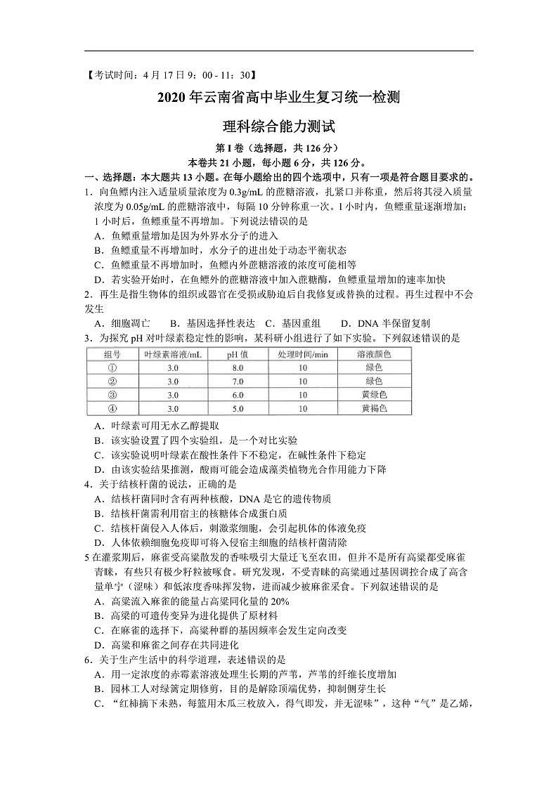2020届云南省高中毕业生复习统一检测理综试题  word第1页