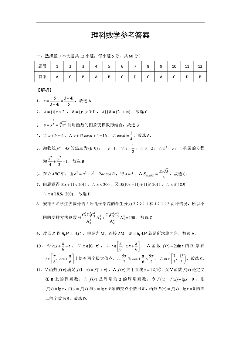 陕西省榆林市高新完全中学2020届高三月考（二）数学（理）答案第1页