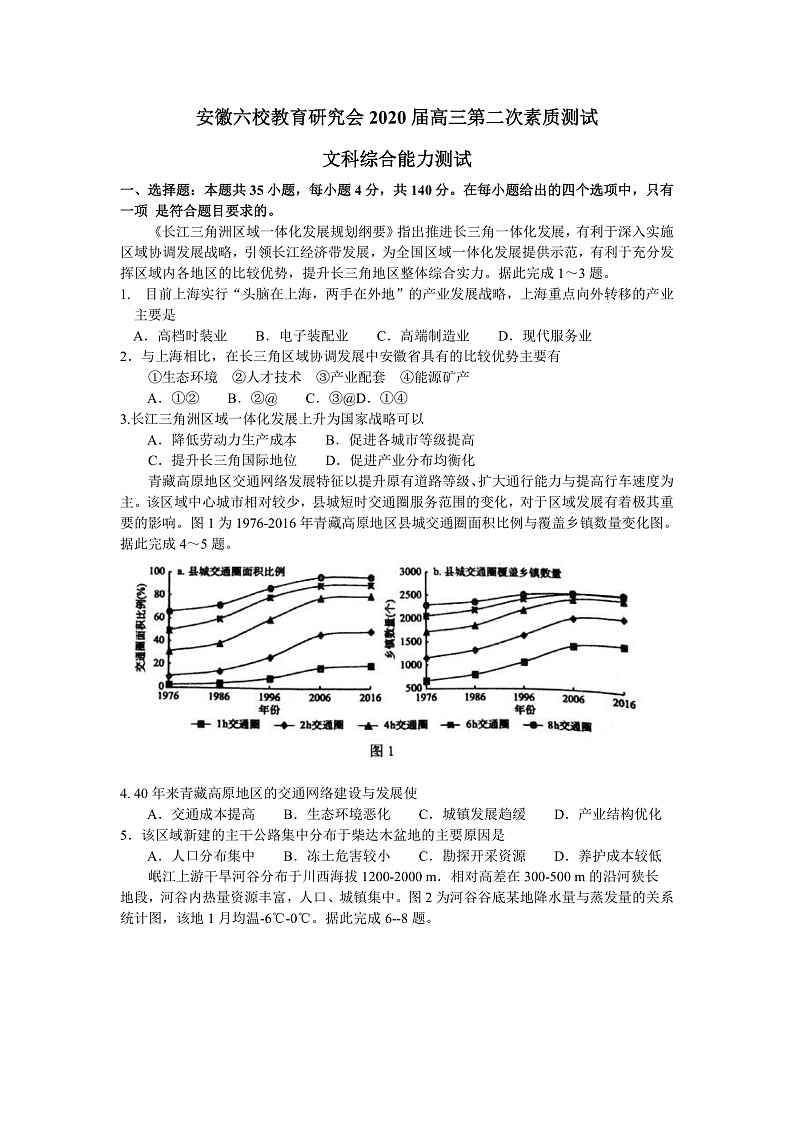 安徽省六校教育研究会2020届高三第二次素质测试文综试题 Word版含答案第1页