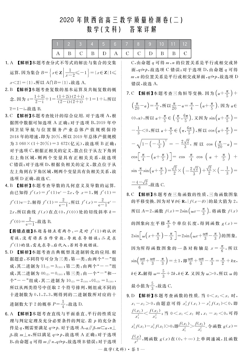 2020年陕西省高三教学质量检测卷（二）-数文解析第1页