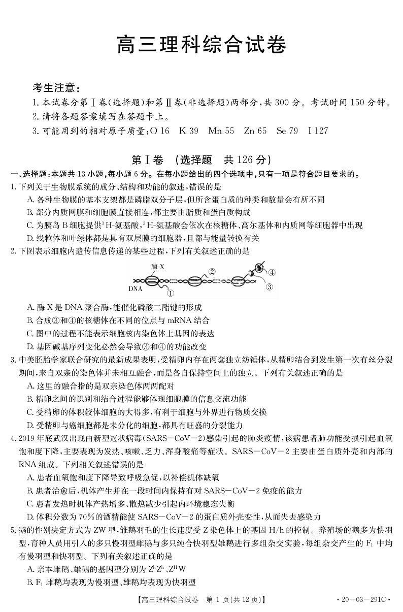 2020五岳（湖南、河南、江西）高三3月线上联考理科综合试题PDF版含答案01