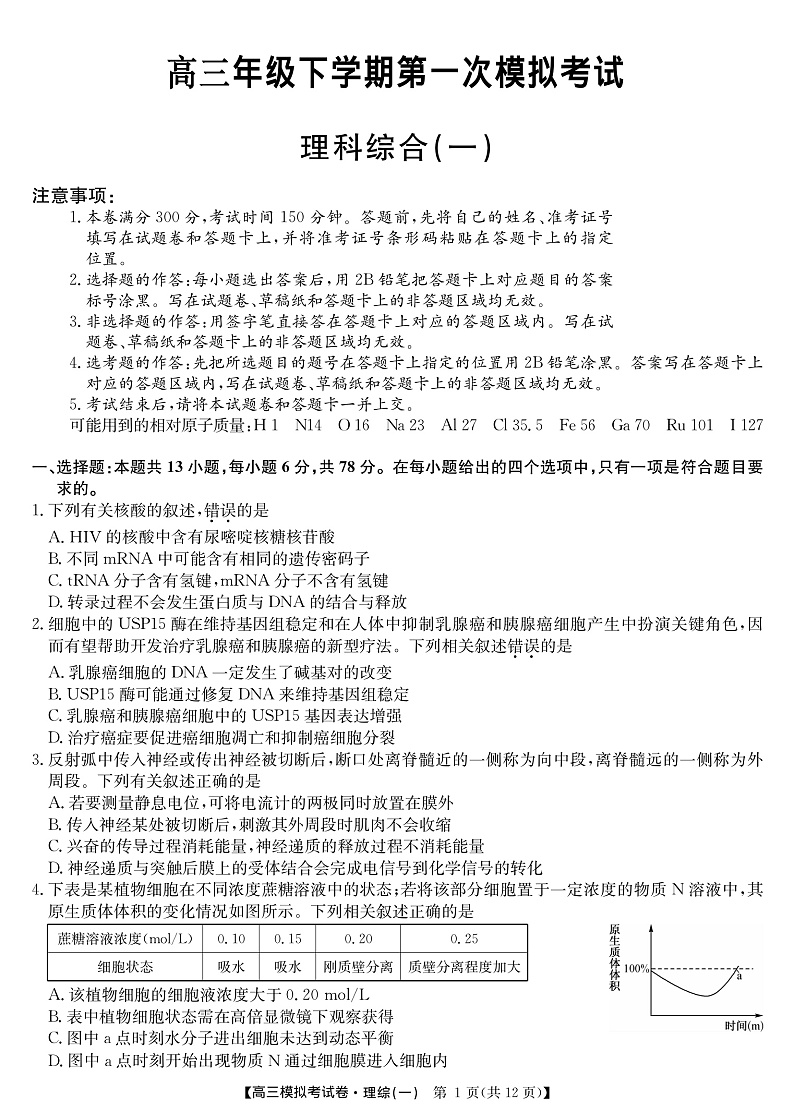 2020临泉县复读学校高三下学期第一次模拟（网考）考试理综试题PDF版含答案01