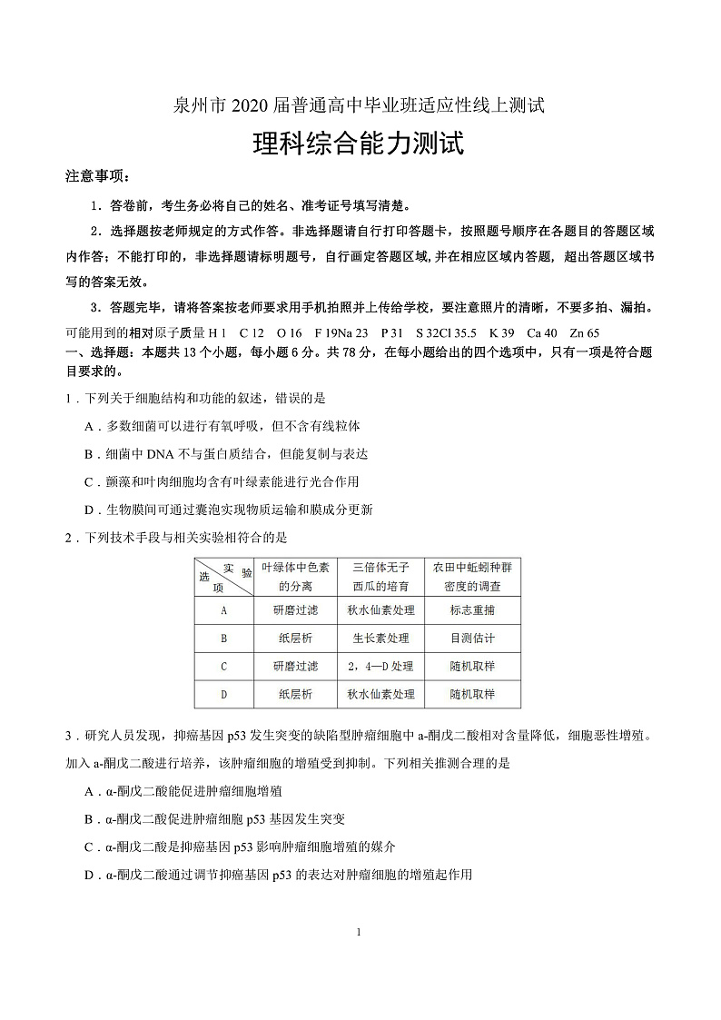 理科综合试题第1页