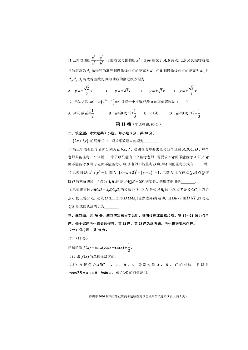 福建省漳州市2020届高三2月（线上）适应性测试数学（理）试题（扫描版）第3页
