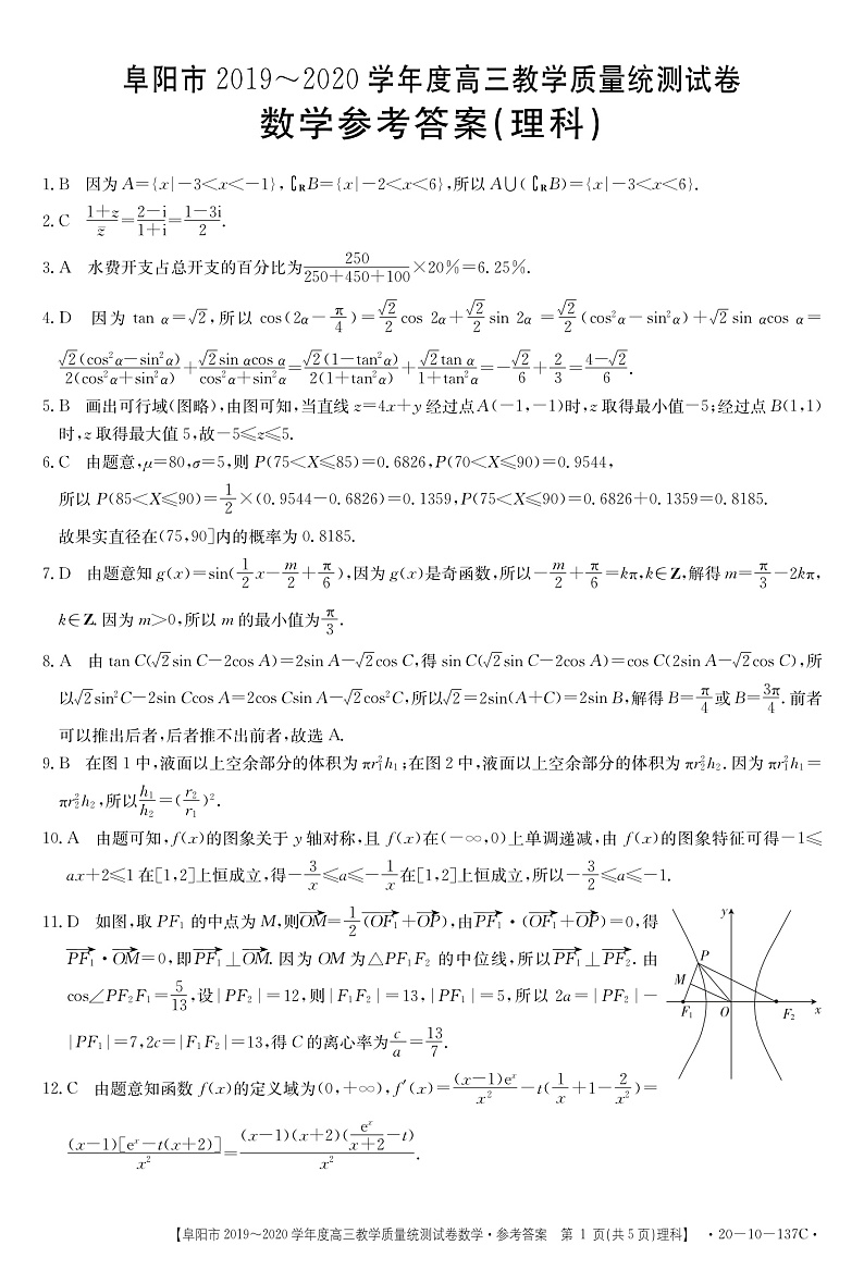 安徽省阜阳市2020届高三上学期期末教学质量统测数学137C(理科)答案第1页