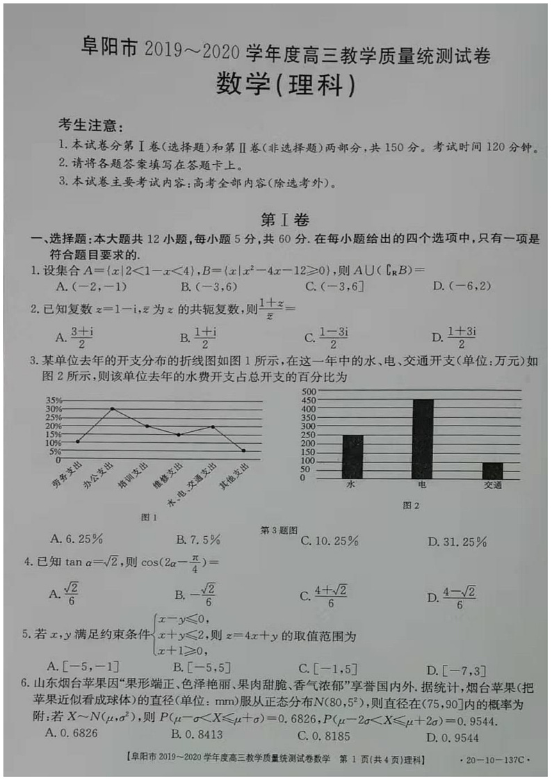 安徽省阜阳市2020届高三上学期期末教学质量统测数学（理）试题 PDF版含答案第1页