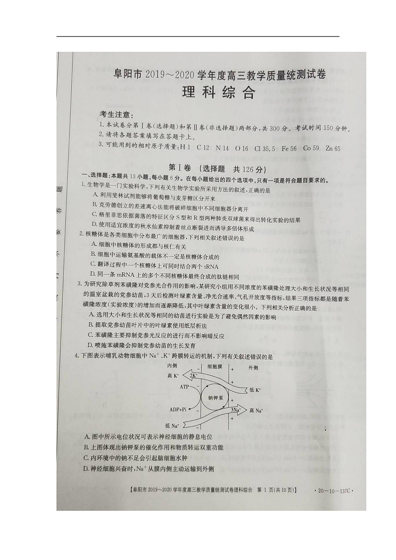 2020阜阳高三上学期期末教学质量统测理科综合试题扫描版含答案01