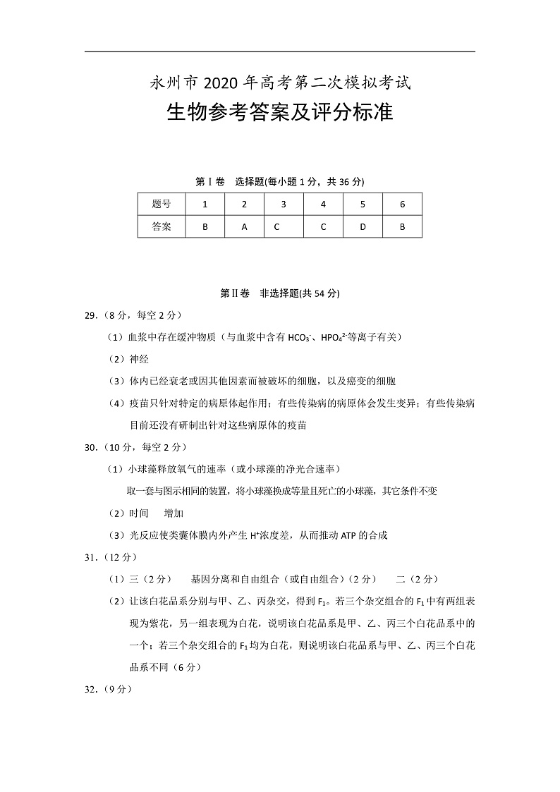 湖南省永州市2020届高三上学期第二次模拟考试生物答案第1页
