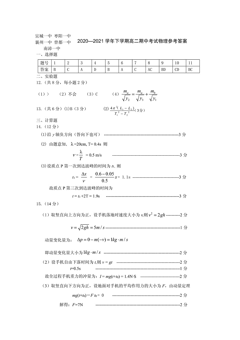 2021湖北省鄂西北六校联考高二下学期期中考试物理试题PDF版含答案01