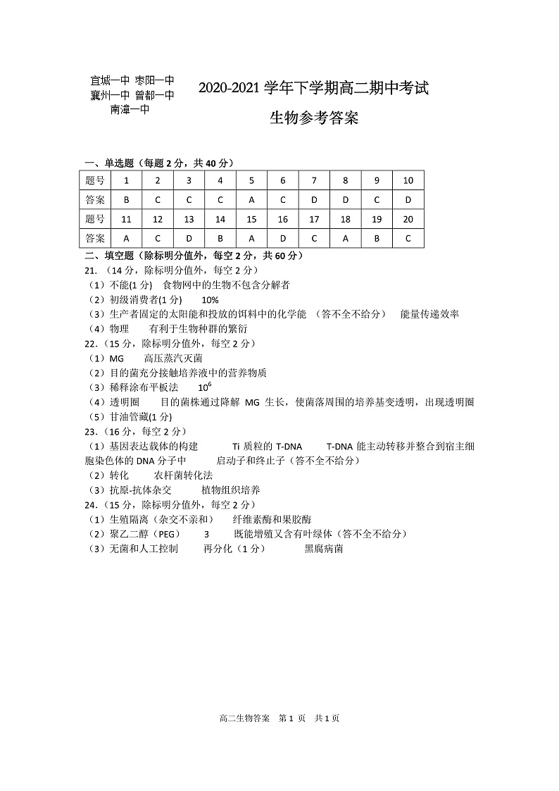 湖北省鄂西北六校联考2020-2021学年高二下学期期中考试生物试题参考答案第1页