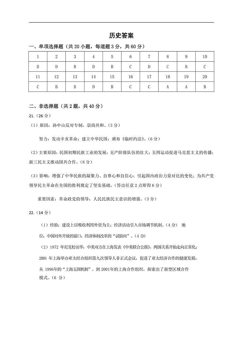 2021天水一中高二下学期开学考试历史试题含答案01