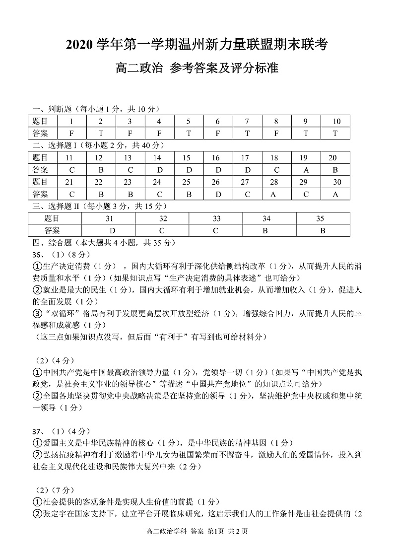 2021温州新力量联盟高二上学期期末联考政治试题含答案01