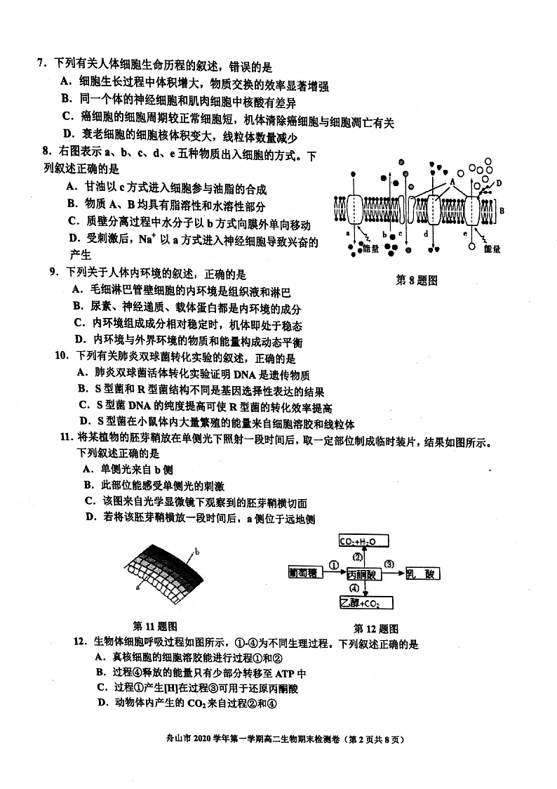 浙江省舟山市2020-2021学年高二上学期期末检测生物试题第2页
