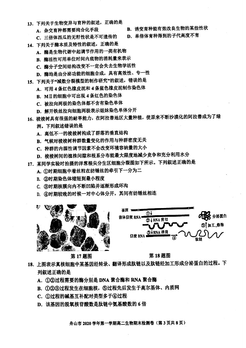 浙江省舟山市2020-2021学年高二上学期期末检测生物试题第3页