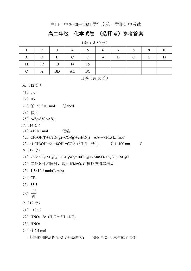 高二化学（选择考）期中考试答案第1页