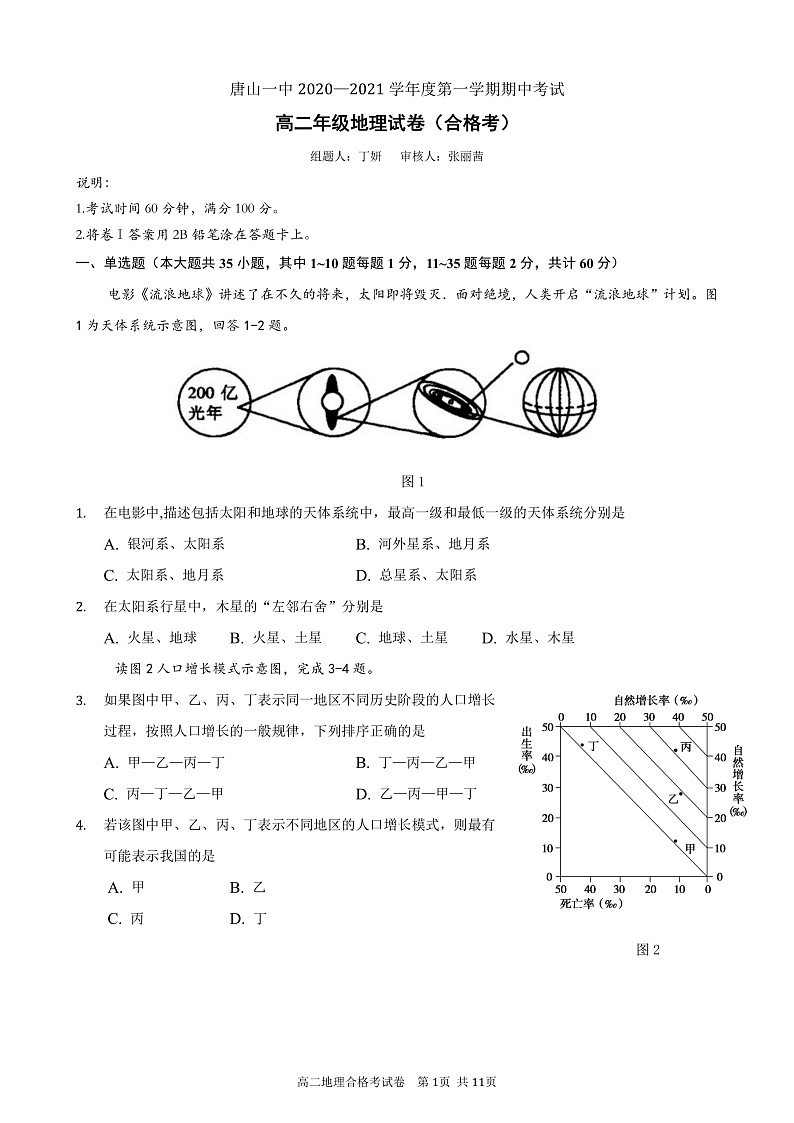 2021唐山一中高二上学期期中考试地理（合格考）试题含答案01