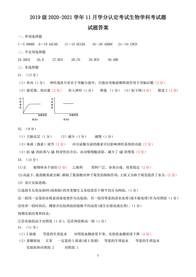 2021山东省师大附中高二上学期11月学分认定考试生物试题PDF版含答案01