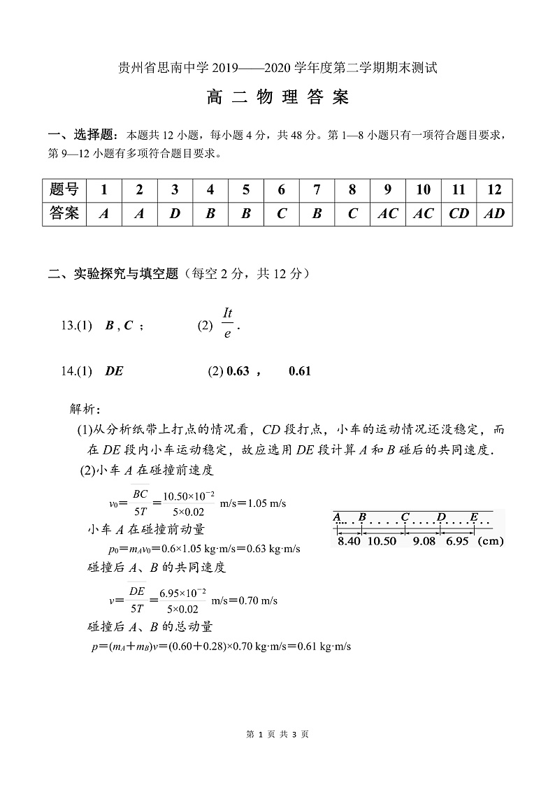 2021届高二下期末测试题答案第1页