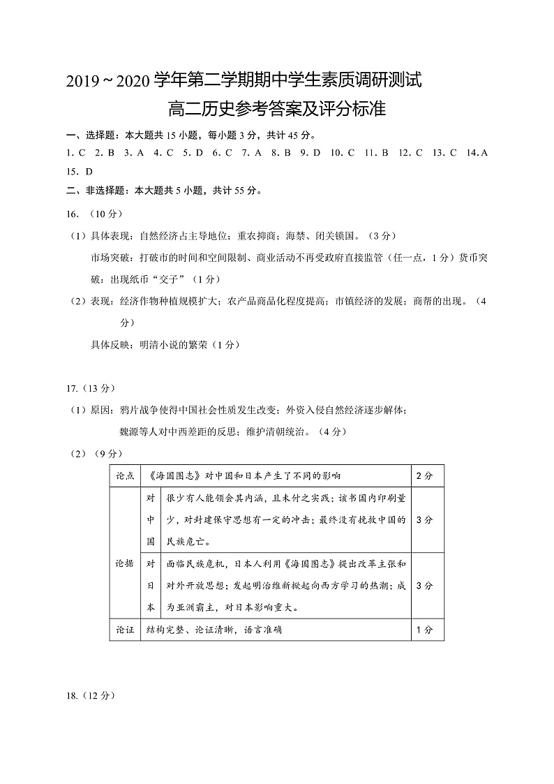 江苏省启东市2019-2020学年高二下学期阶段调研测试历史参考答案第1页