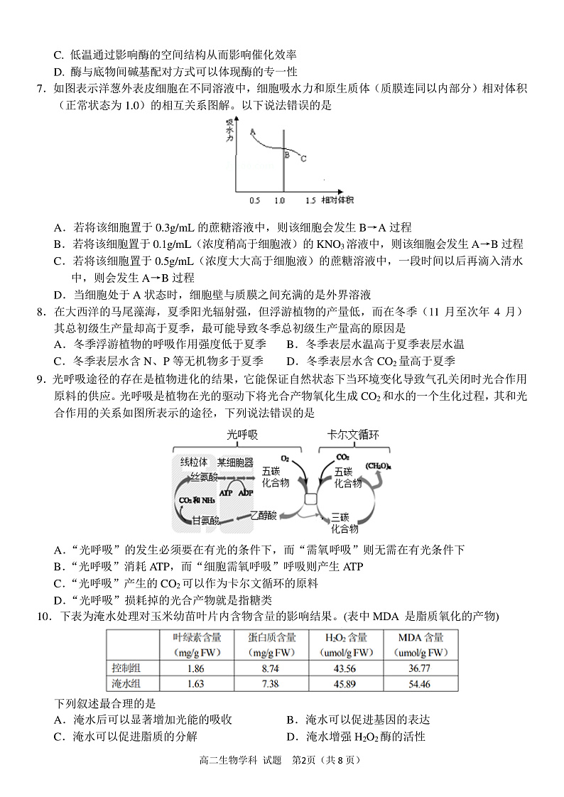 2020温州十五校联合体高二下学期期中考试生物试题PDF版含答案02
