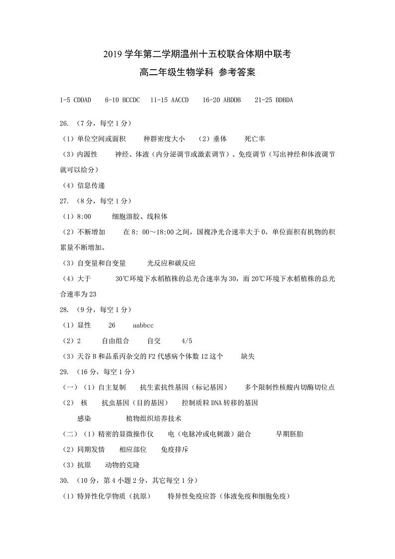 2020温州十五校联合体高二下学期期中考试生物试题PDF版含答案01