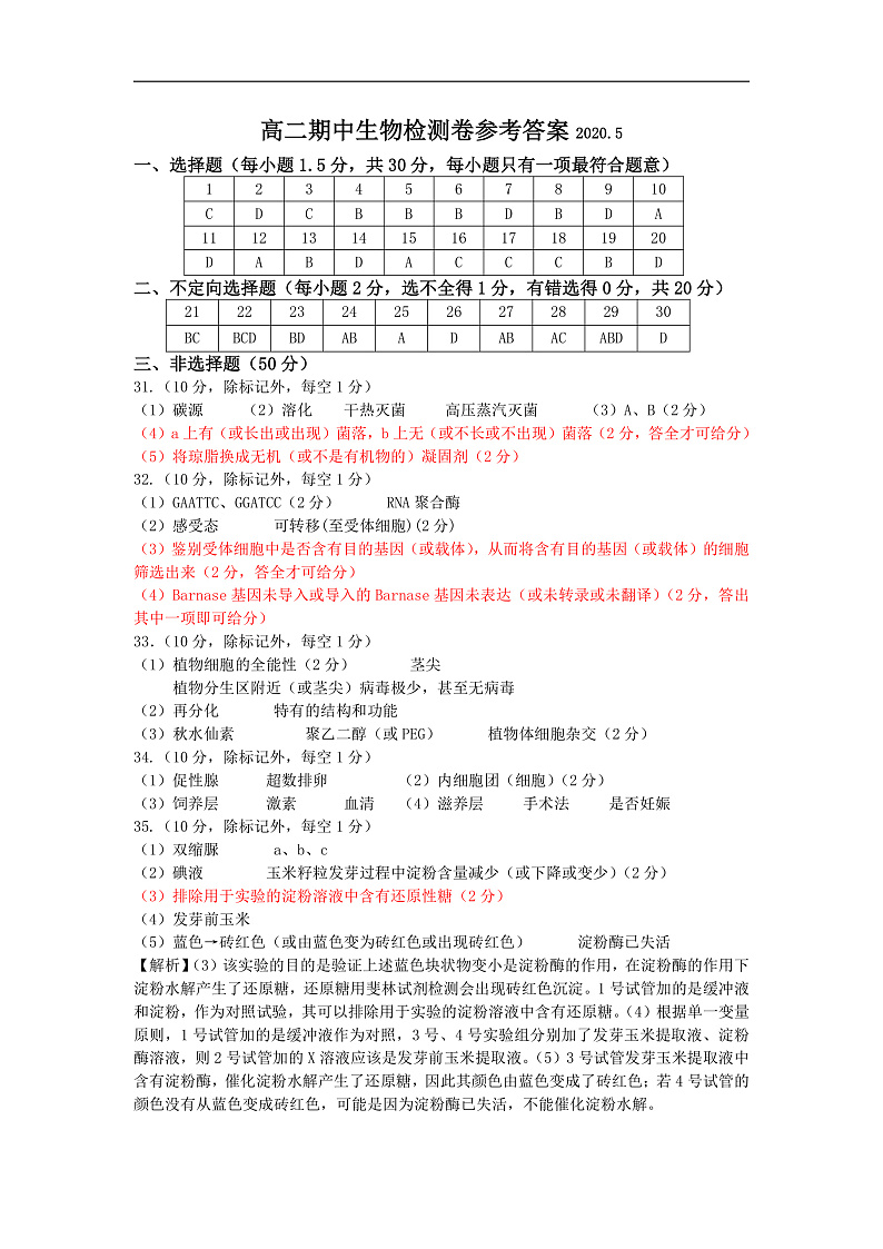 2020临沂罗庄区高二下学期期中考试生物试题含答案01