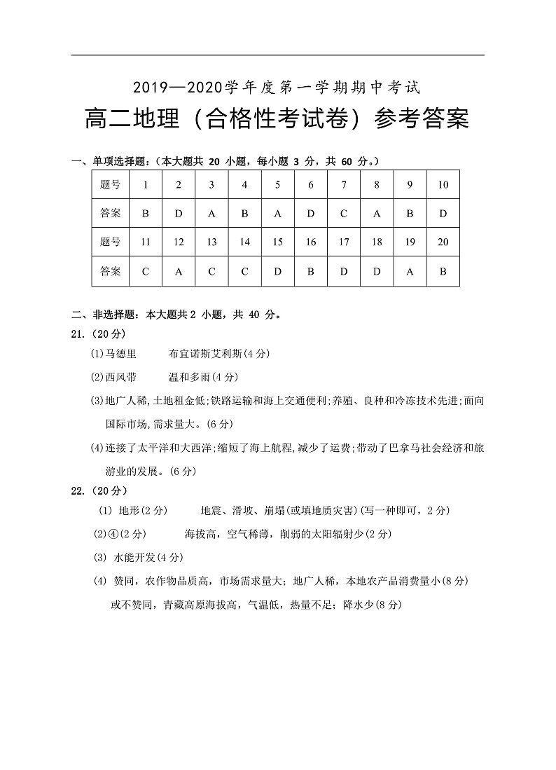 高二地理（合格性考试卷）参考答案第1页