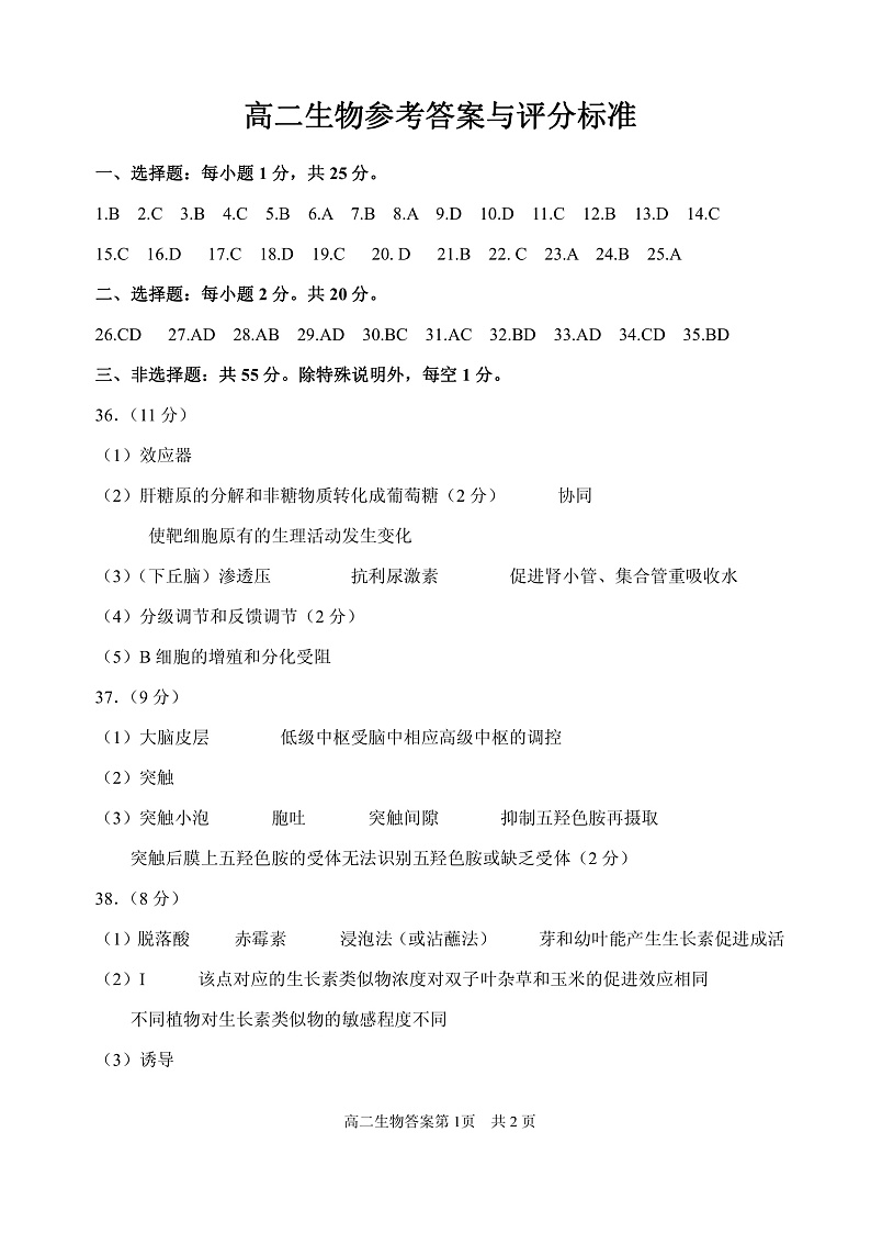 2020威海文登区高二上学期期末考试生物试题PDF版含答案01