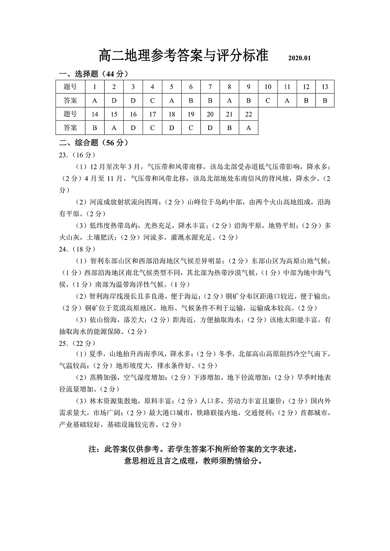 高二地理上学期期末试题答案第1页