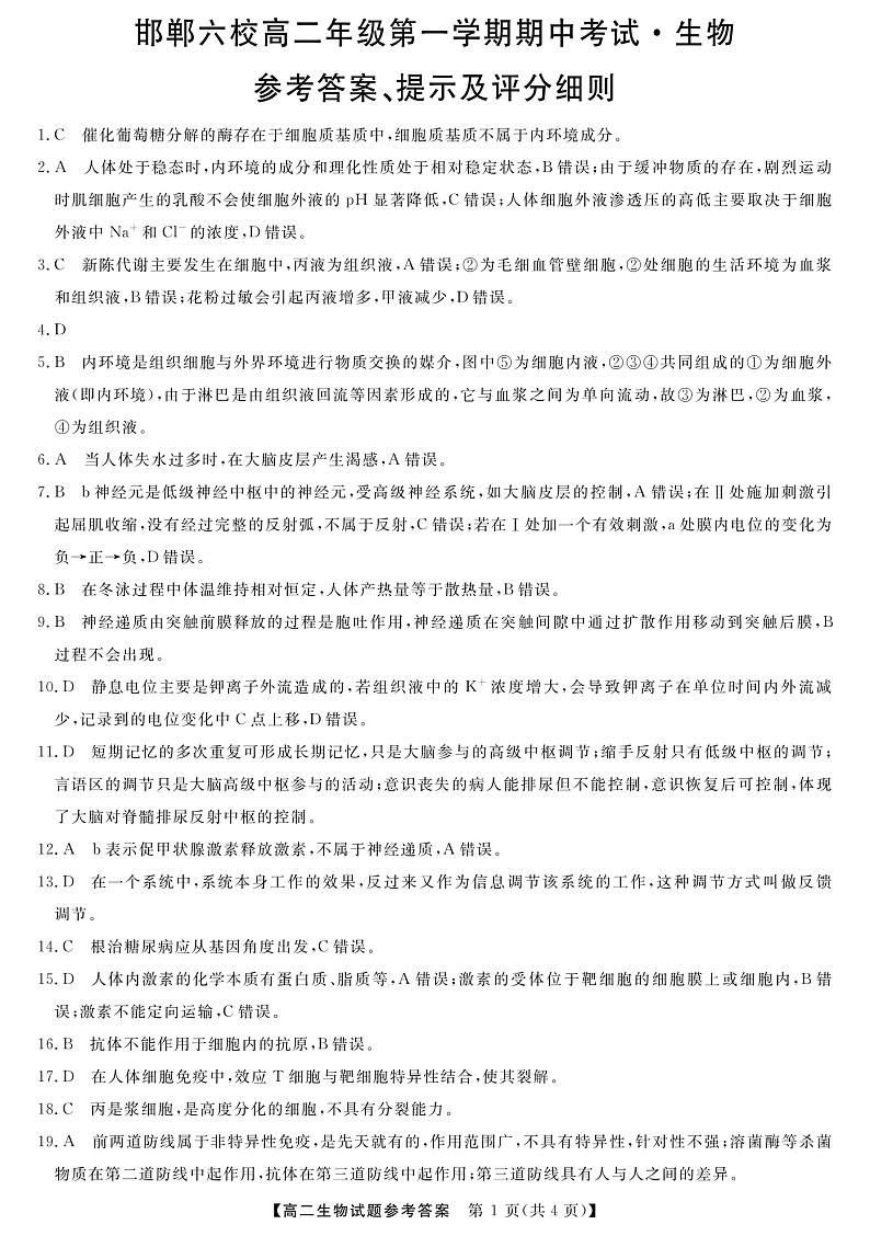 河北省邯郸市六校（大名县、磁县等六县一中）2019-2020学年高二上学期期中考试生物答案第1页