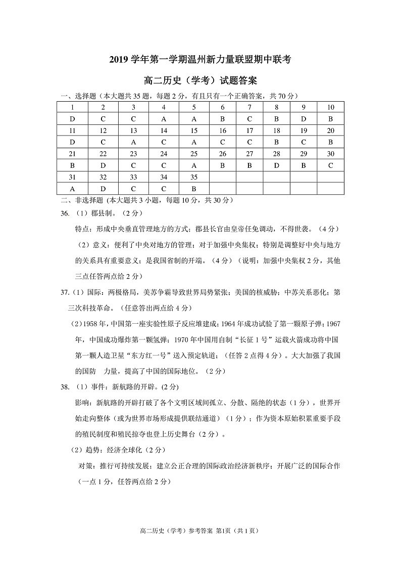 2020温州新力量联盟高二上学期期中联考历史（学考）试题含答案01