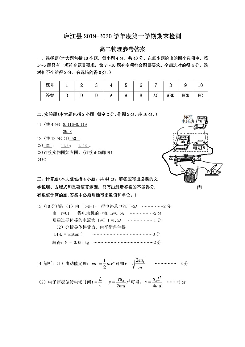安徽省合肥市庐江县2019-2020学年高二上学期期末检测物理答案第1页