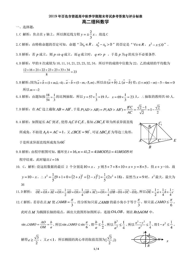 高二理科数学参考答案及评分标准第1页