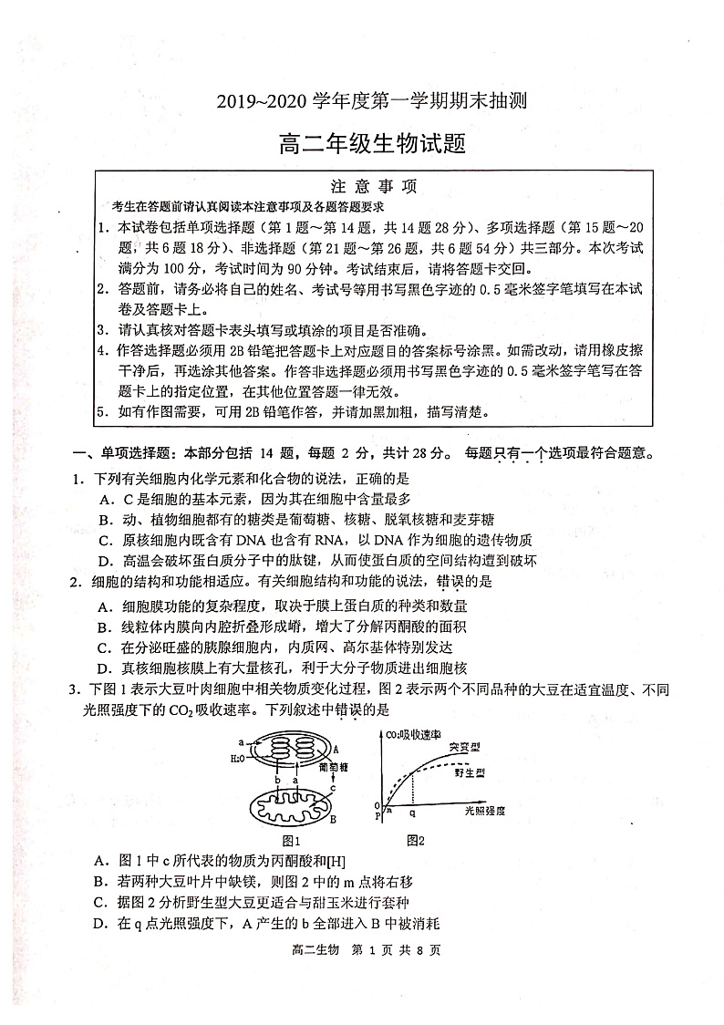 江苏省徐州市2019-2020学年高二上学期期末抽测生物试题 PDF版含答案第1页